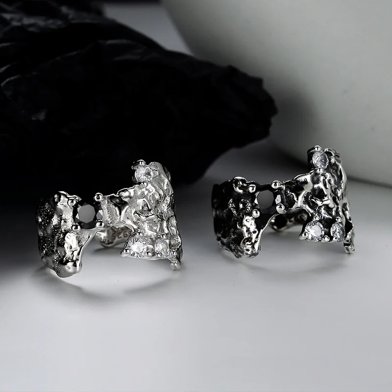 

Youth of Vigor Beaten Alien Texture Black CZ Solid 925 Silver Ring Chunky Irregular Party Wide Open Band Rings R1250