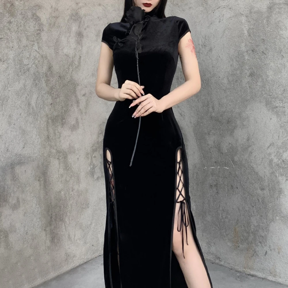 

Clothes Women Dress Bandage Velvet Black Bodycon Cheongsam Dark Dress Dresses Elegant Gothic High Slit Ladies Long