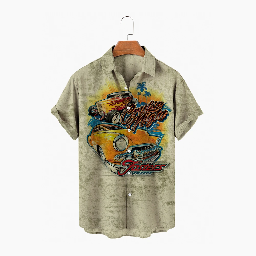 Summer Shirts for Men 3d Car Print Men's Shirts Hawaiian Beach V Neck Short Sleeves Loose Oversized Fashion Tops Men's Clothing