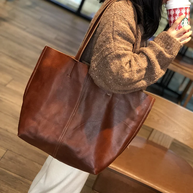 Women Bag Vegetable Tanning Leather Handbags Luxury Lady Hand Bags With Purse Pocket Women Messenger Bag Big Tote Sac