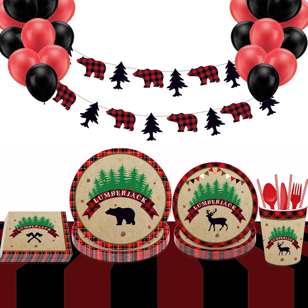 

Lattice Lumberjack Deer Christmas Birthday Party Disposable Tableware Sets Plates Cups Tablecovers Banner Table Decorations