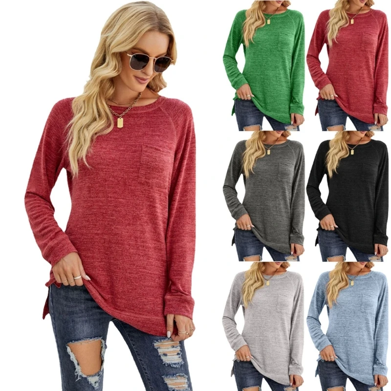 

Women Autumn Casual Raglan Long Sleeve Crewneck Sweatshirt Side Split High Low Hem Pullover Shirts Tunic Top with Pocket