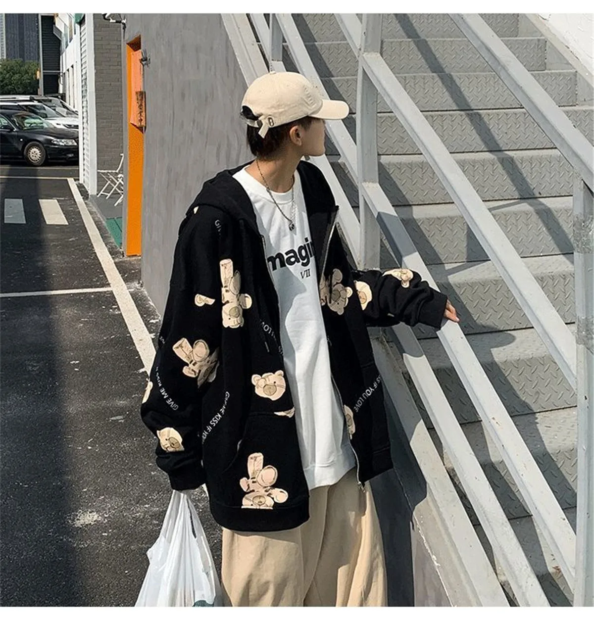 

Куртка на молнии для мальчиков, худи с принтом медведя, Повседневная Свободная уличная одежда в стиле Харадзюку, синяя одежда в стиле панк, с...