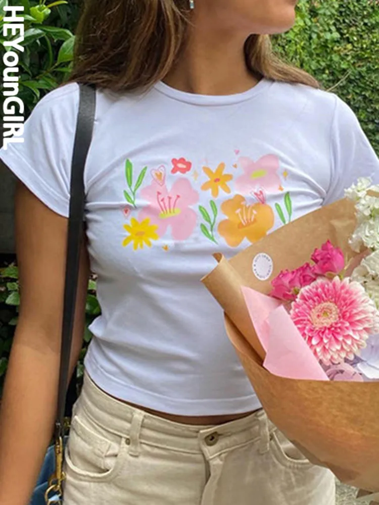 

HEYounGIRL Cute Floral Print Women Crop Tops Short Sleeve Casual O Neck Fashion Y2K T-shirts Lady Tees Streetwear Korean Style