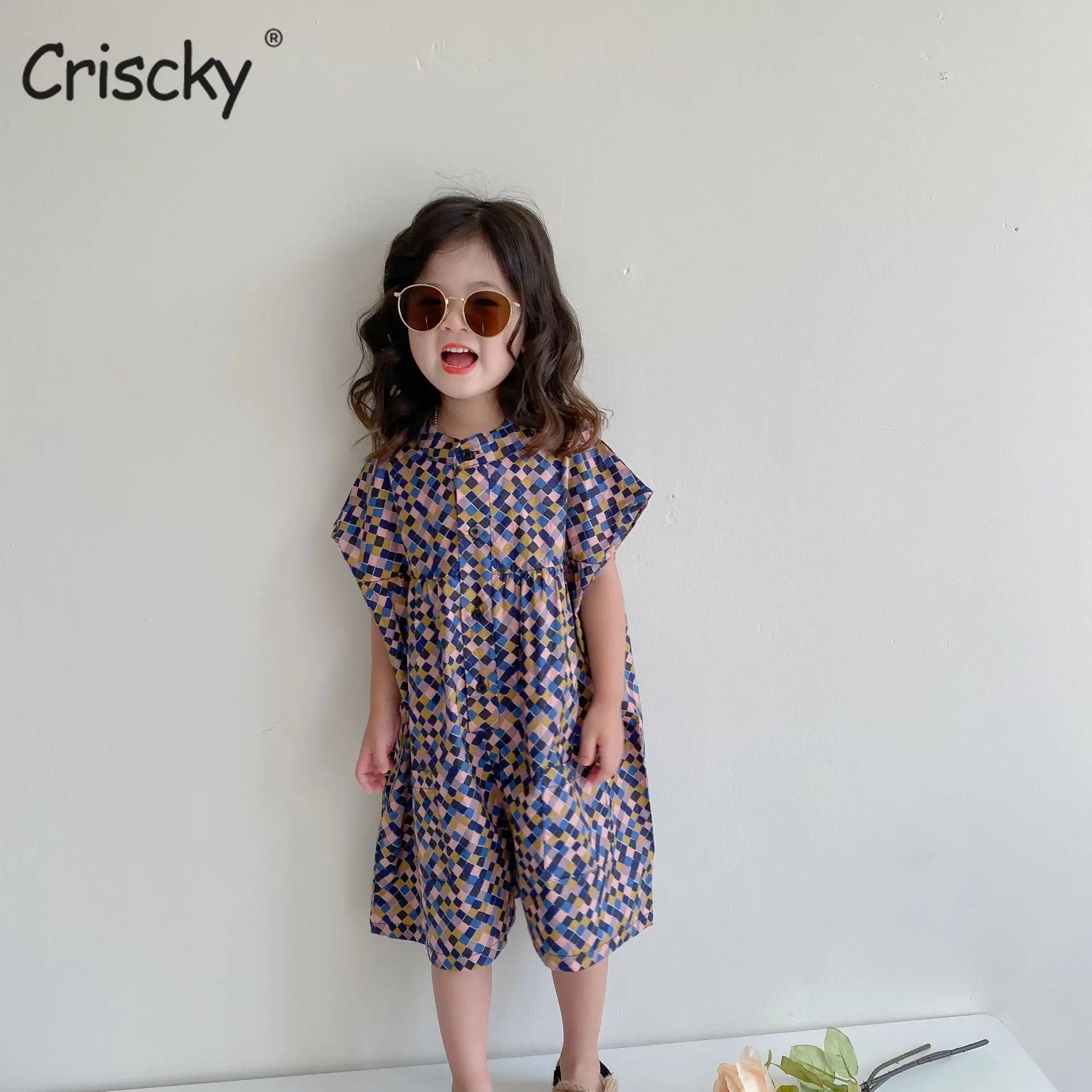 

Criscky 2022 Summer Kids Girl short Sleeve knee length bodysuit print Jumpsuit Playsuit Outfits Floral Fashion Sunsuit