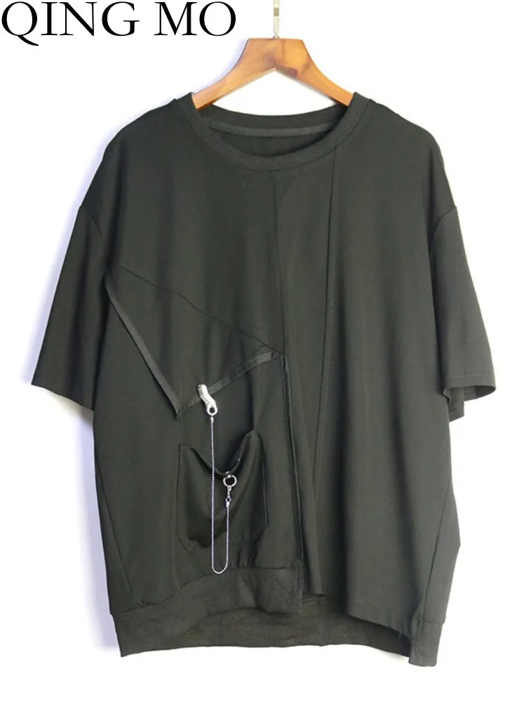 

Женская футболка с карманами QING MO, черная футболка с коротким рукавом и пэчворком, модель ZXF3235 на лето, 2023