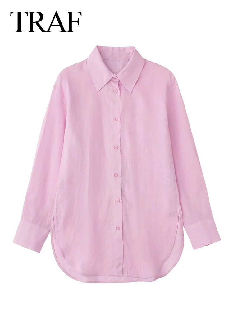 

TRAF Commuter Solid Pink Shirt Casual Single-breasted Cuff Buttons Lapel Long Sleeve Back Chic Elastic Pleated Blouse Clothes