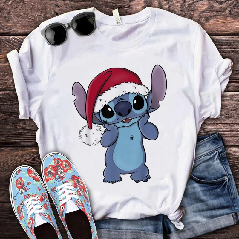 

Disney Women's T-shirt Merry Christmas with Santa's Hat Stitch Print Round Neck Female Short-sleeved Tops