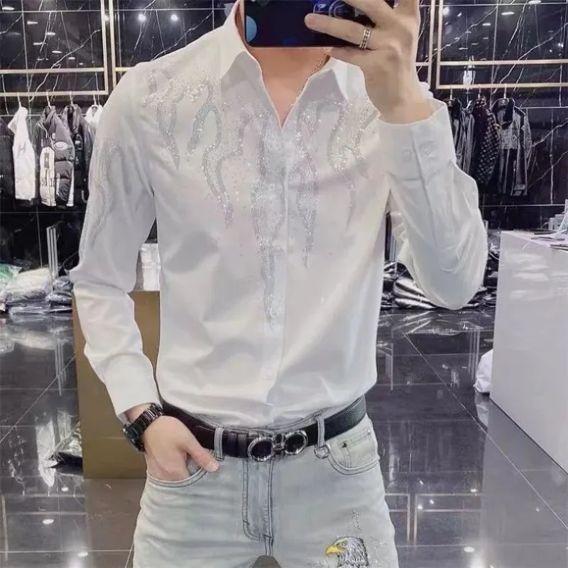 Black Spring and Autumn Men's Long-sleeved Shirt, Korean Version Hot Diamond Lapel Button Shirt, New Men's Clothing Hawaiian