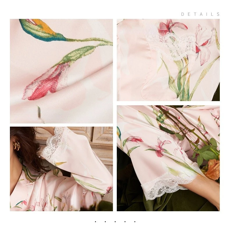 Women's 2 Piece Pajamas Sets Lapel Flower Pijama Ice Silk Female Pyjama Sleepwear Long Sleeve Shirt Pants Homewear Loungewear