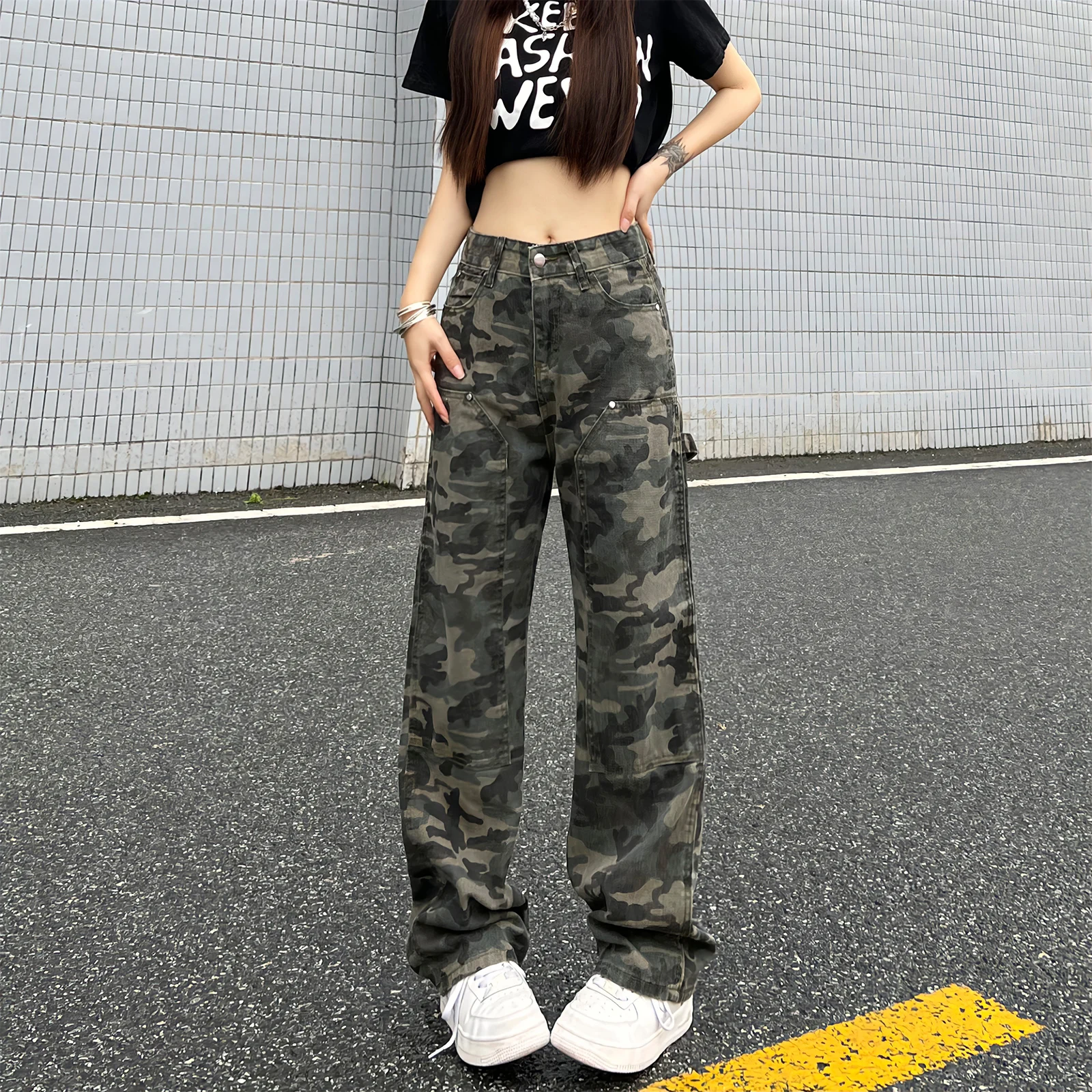 Dongdaemun Korea 2023 Trend Fashion Cargo Pants Streetwear Camouflage Jeans Woman High Waist Baggy Casual Denim Trousers