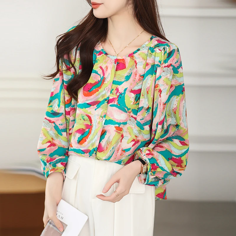 Женская шифоновая блузка с круглым вырезом и пышными рукавами