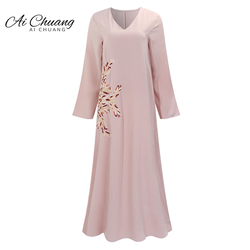 

Женское длинное платье с цветочной вышивкой, однотонное платье в арабском стиле с рукавами в виде листьев лотоса и V-образным вырезом, осень ...