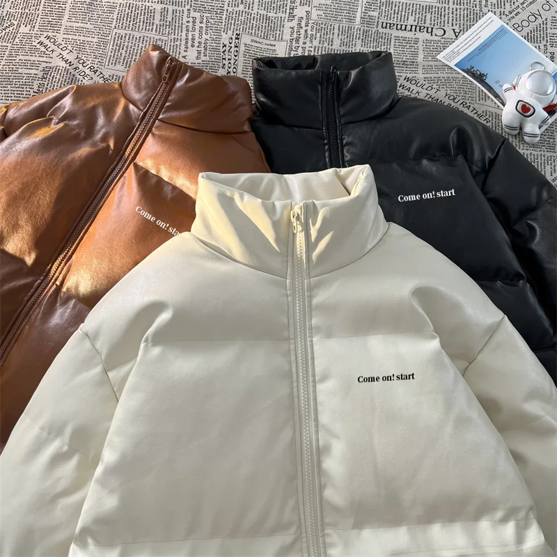 

Hybskr Men Warm Parkas Fleece Thicken Letter Graphic Male Winter PU Leather Coats Stand Collar Oversized Unisex Padded Jackets