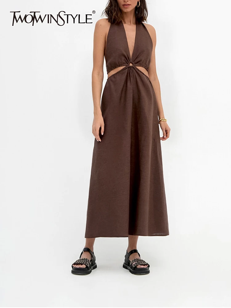 

TWOTWINSTYLE Solid Slim Dresses For Women Deep V Neck Sleeveless Off Sholder Backless High Waist Hollow Out Dress Female Fashion
