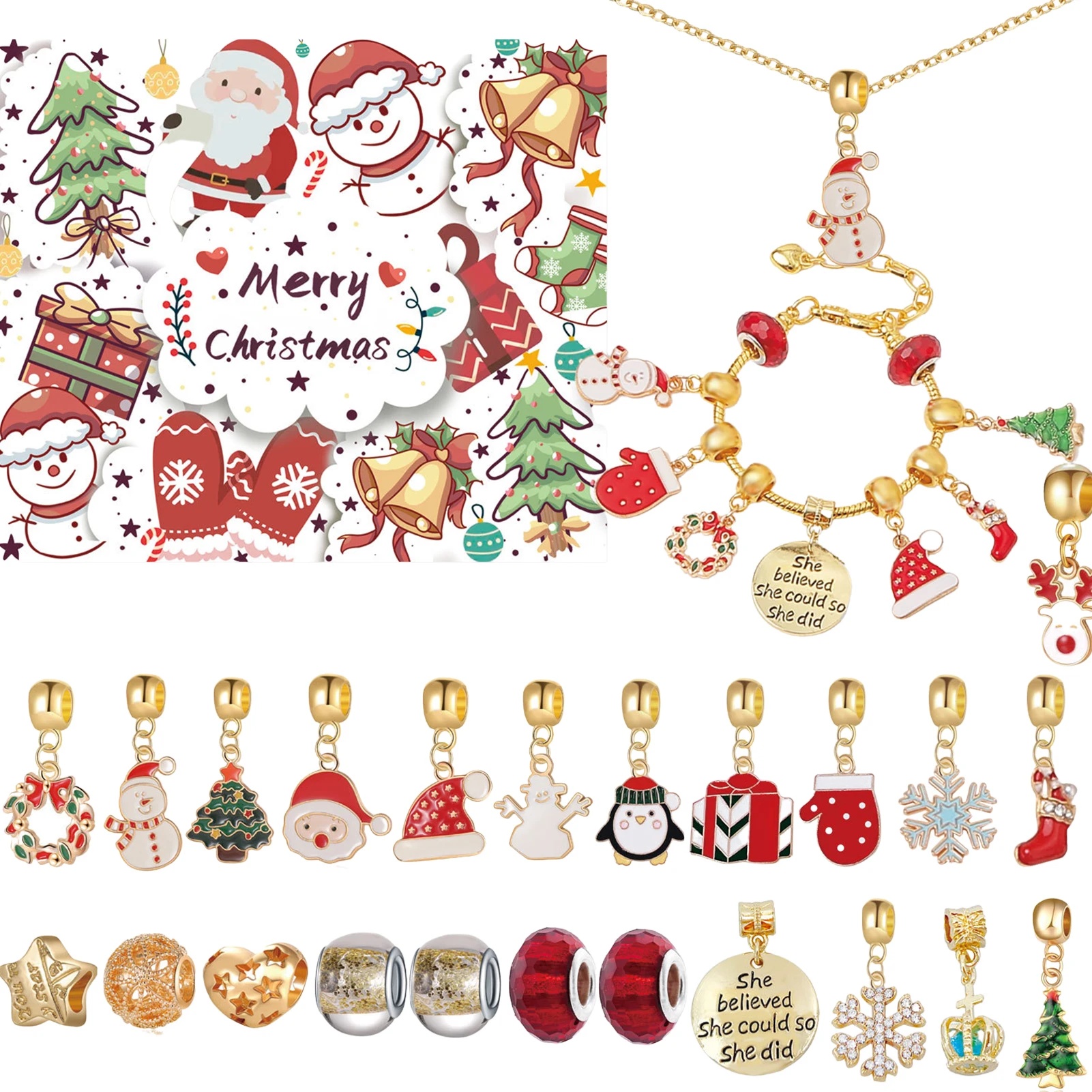 

Christmas Advent Calendar Christmas DIY Charm Bracelet Necklace Making Kit Christmas Jewelry Gift With Beade Bracelet Necklace