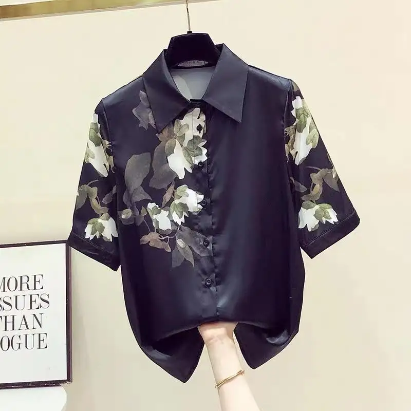 

Женская модная винтажная рубашка 2023, черная женская шифоновая рубашка с принтом и коротким рукавом, новые летние женские рубашки
