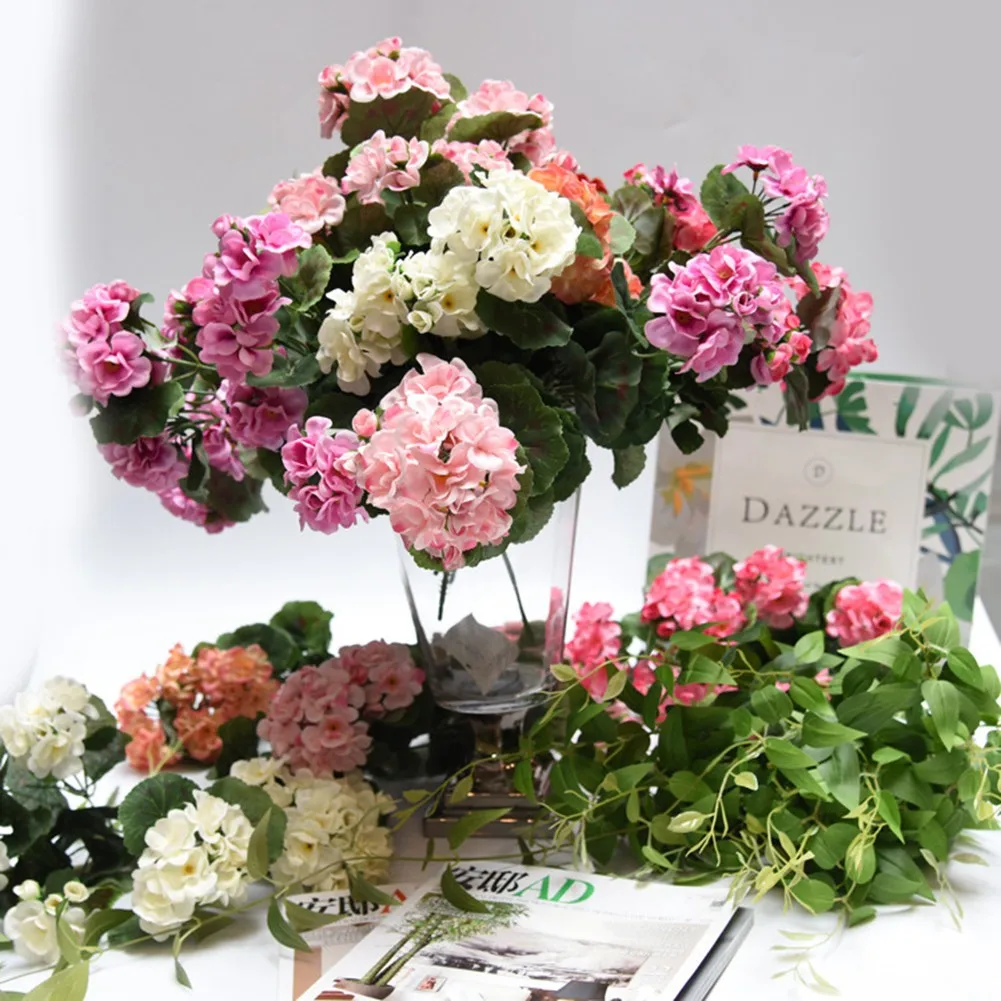 

Wedding Decoration Artificial Flower Home Garden Supplie Shop Geranium Red Pink Plant Silk Cloth Plastic 5 Branch Optional Color
