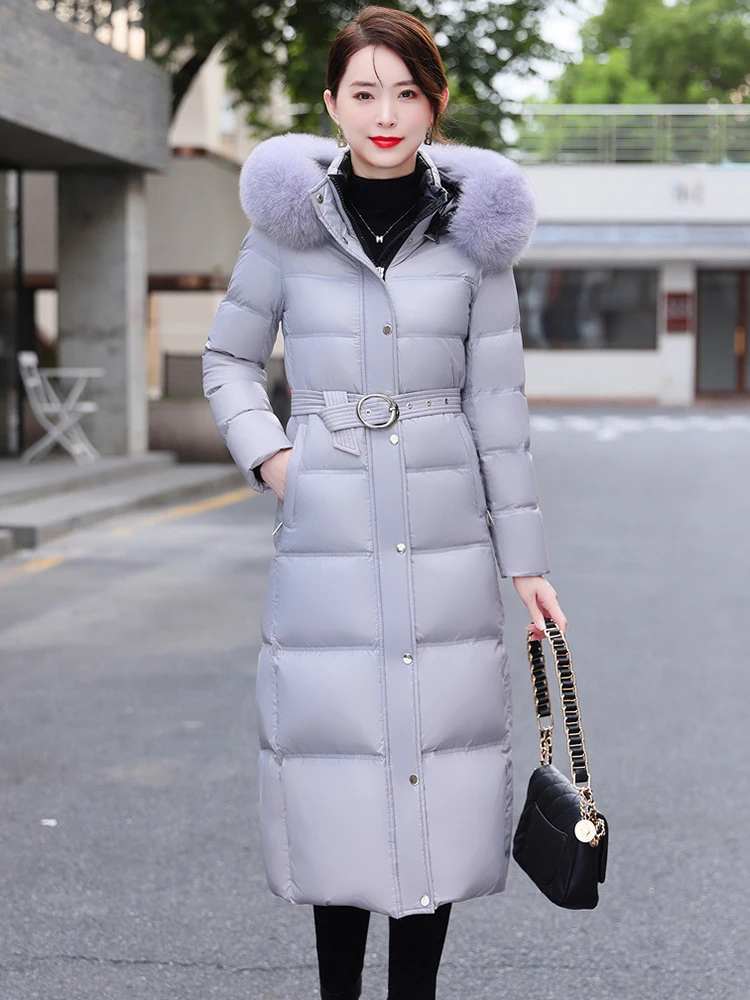 New Women Down Coat Winter Fashion Hooded Real Fox Fur Collar Belt Slim Long Down Jacket Thicken Warm White Duck Down Overcoat