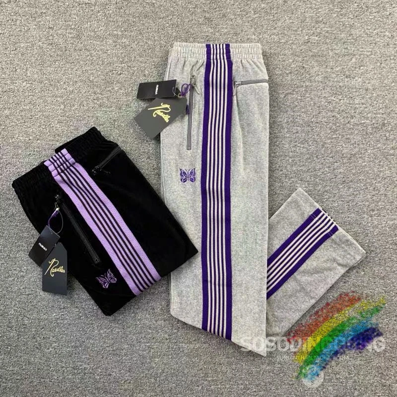 

2022ss Needles Pants Men Women Purple Striped Webbing Grey Embroidery Butterfly AWGE Trousers