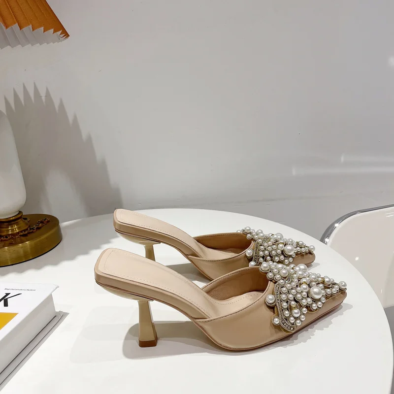 

2022 New Spring Autumn Fashion Sexy Women Shoes Elegant String Bead Crystal Patchwork Slip-On 35-41 Thin Heels Slipper Wild