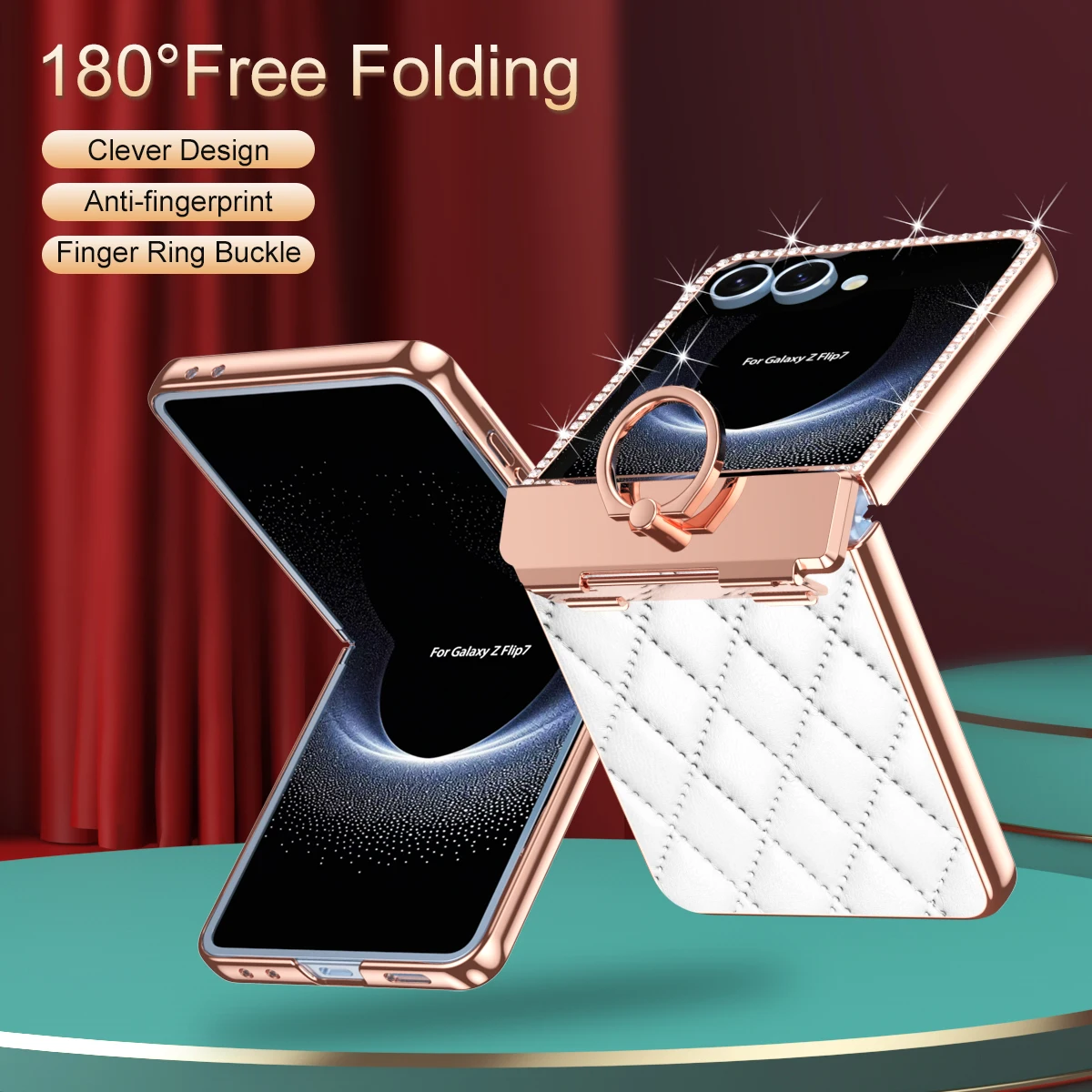 Роскошный кожаный чехол для телефона с бриллиантами для Samsung Galaxy Z Flip 7 6 5 4 3 Flip7 FE с защитой петли и кольцом-держателем для женщин и девочек (art.: 3920d42318639) - 3920d42318639