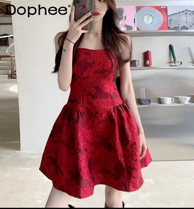 

Vintage Red Jacquard Printed Tulle Tutu Dress for Women 2022 Fairy Summer Waist-Tight Wedding Party Dresses Lady Vestidos
