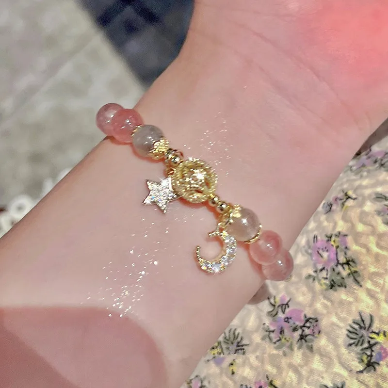 

2022 New Inlaid Zircon Star Moon Pink Crystal Bead Bracelet For Women Personality Fashion Bracelet Wedding Jewelry Birthday Gift
