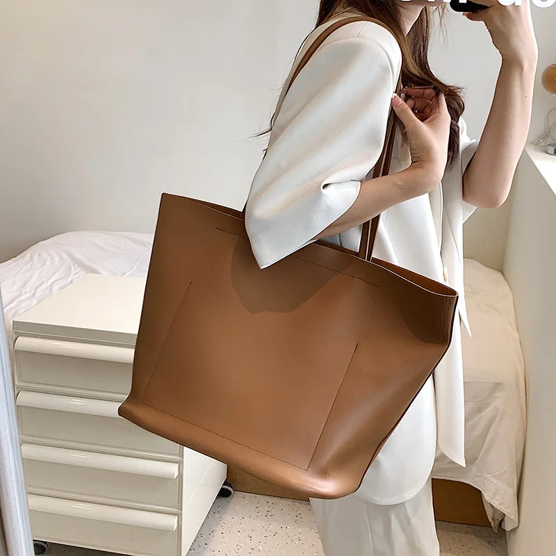 

Vintage Women's Large Capacity Solid Colour Totes Soft Pu Leather Handbag Big Shopper Purses Female Travel Shopping Shoulder Bag