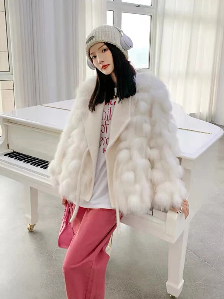 2022 Winter Faux Fur Coat Women Knitting Jackets For Women Natural Fur Coat Fashion Design Fluffy Lace-up Splicing Streetwear