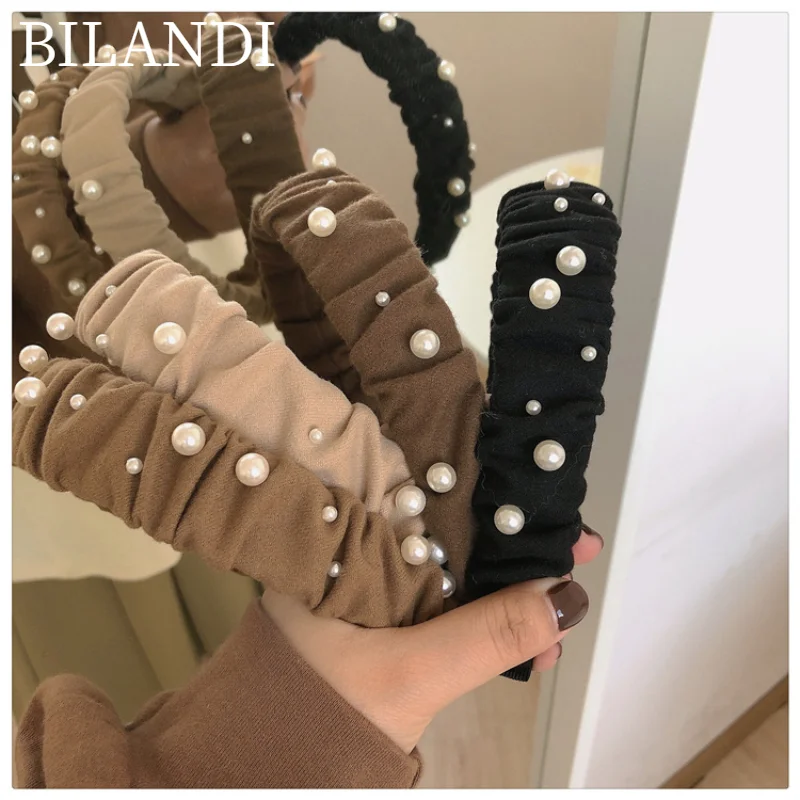 

Bilandi Fashion Headband Solid Color Pleated Black Brown Hair Hoop White Simulated Pearl Head Hoop Styling Hair Accessories