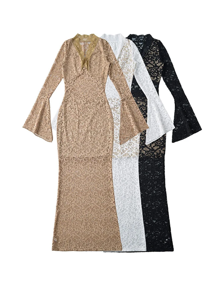 Сексуальное кружевное эластичное тонкое платье макси женское с расклешенными