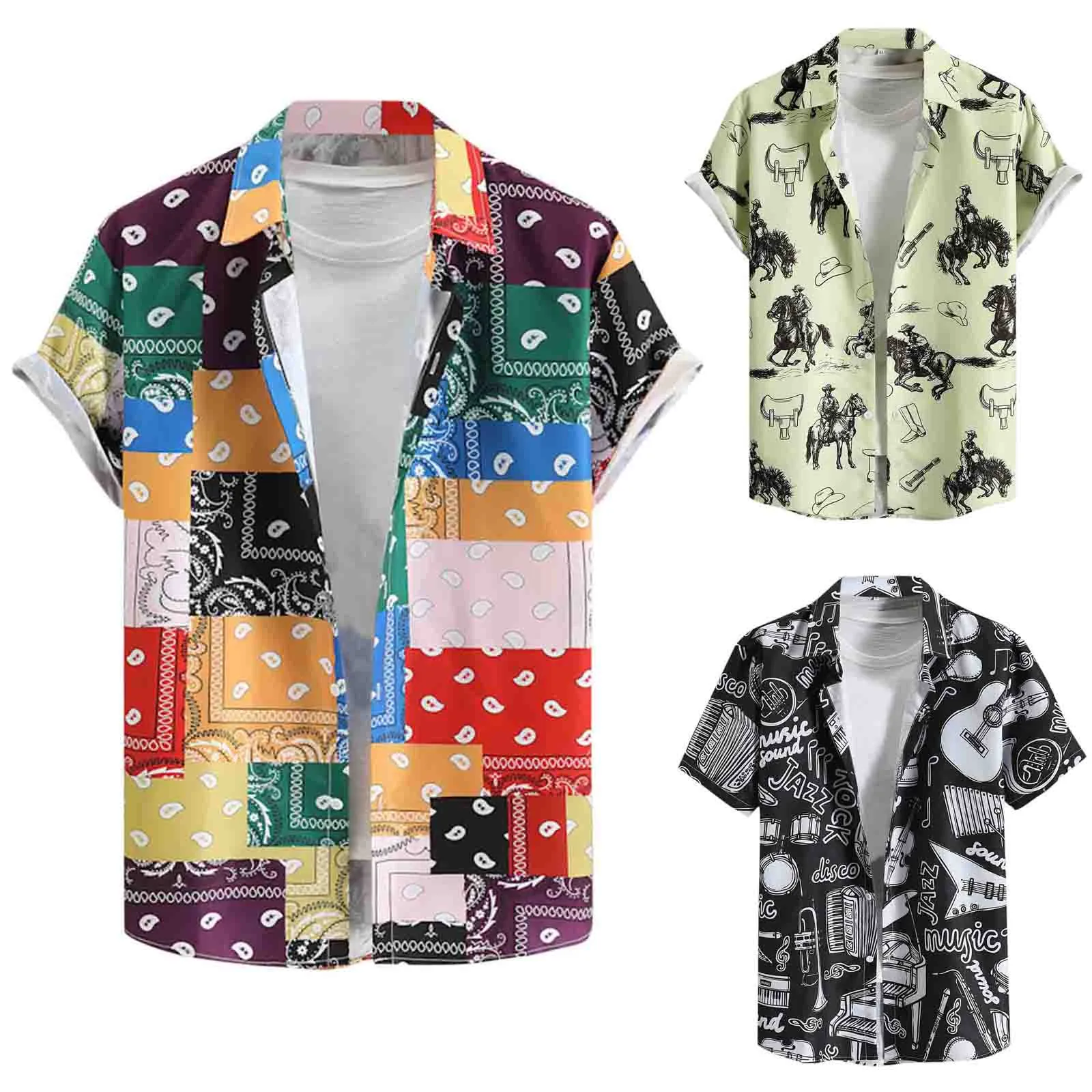 

Male Shirt Casual Summer Hawaii Shirt Ethnic Printed Men's Shirts Short Sleeve Turn Down Collar Men's Clothing Vintage Clothes
