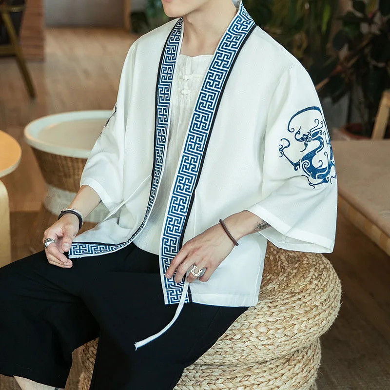 Traditional Chinese Men Cardigan Kimono 3/4 Sleeve Hanfu Summer Cotton Large Size Home Bathrobe Robe Casual Loose Coat