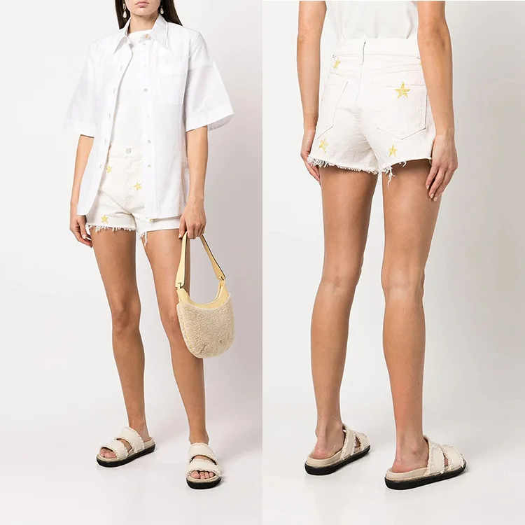 22 Fashion Classic Trendy luxury design Summer Beibai High Waist Embroidered Raw Denim Shorts Women