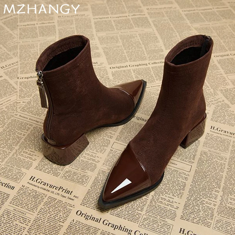 Женские ботильоны с острым носком кожаная зимняя обувь на среднем каблуке