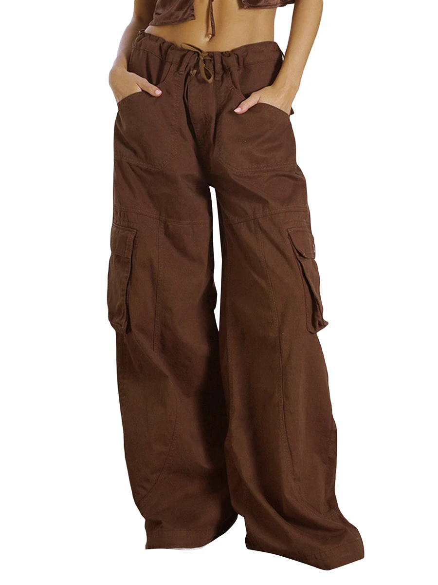 

Women Cargo Pants Y2k Low Waist Drawstrings Baggy Jeans Vintage Harajuku Punk Trousers with Pockets Streetwear