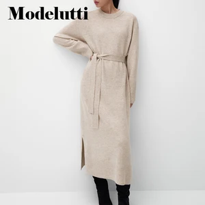 Modelutti 2022 New Spring Autumn Wool Sweater Fashion Belt Slit Knit Midi Dress Solid Color Simple C