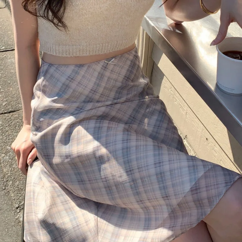 Клетчатая юбка-русалка женская весенняя студенческая ретро-юбка с высокой