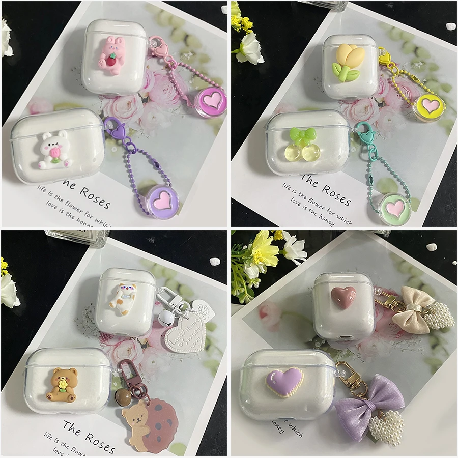 

Cute for Baseus WM01 / WM02 / WM05 case Cartoon bear / flower Silicone Earphone Transparent cover with Keychain