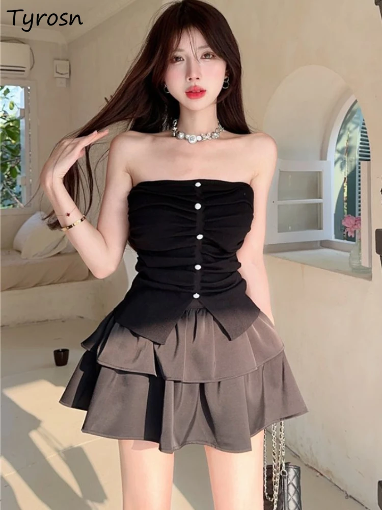 

Camisole Skirt Sets Women Stylish Fashion Solid Summer Slim Girls Empire Design Daily Sleeveless Tender Folds Elegant Hotsweet