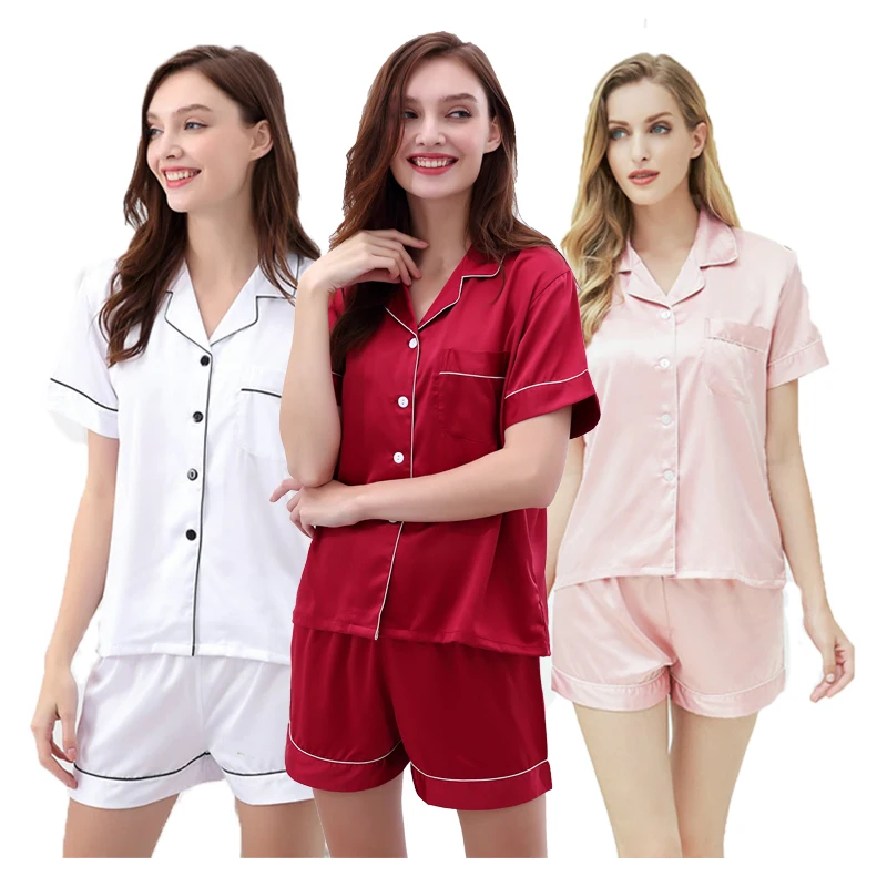 Women Pajamas Set Sleepwear For Lady Short Sleeve Pijamas Satin Fabric