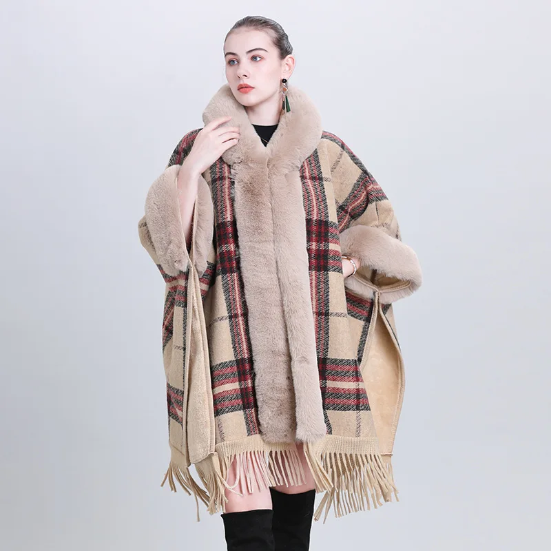 C4964 Autumn Winter Women's Loose Hooded Plaid Poncho Faux Fur Collar Cuff Cardigan Shawl Cape Tassels Cloak Outwear Coat