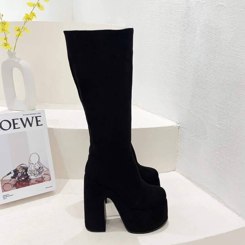 New Wild Suede Chunky High Heel Boots Women Chunky Heels Sexy Fashion Boots Shoes Size 35-42