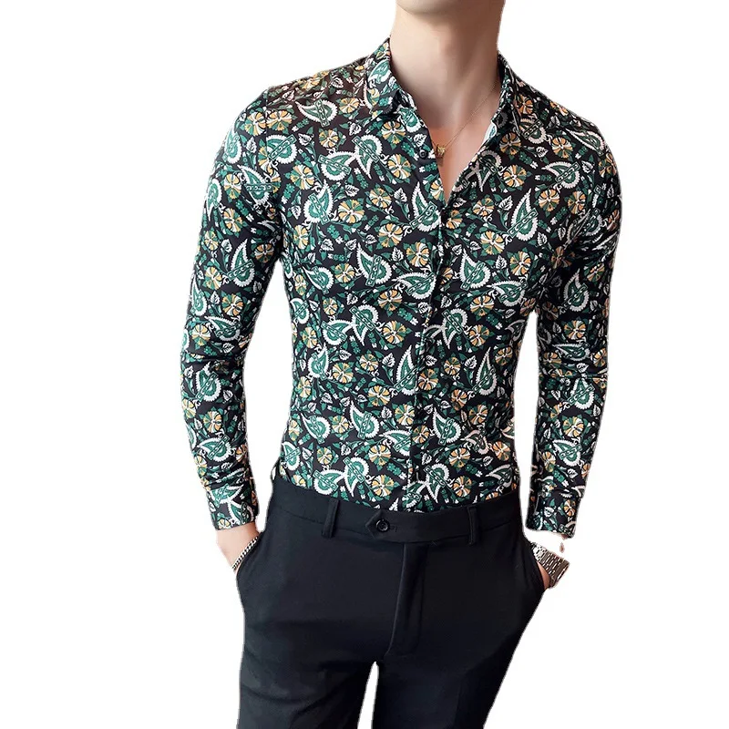 Vintage Print Men Shirt 2021 High Quality Long Sleeve Casual Shirt Formal Dress Shirts Slim Fit Streetwear Social Tuxedo Blouse