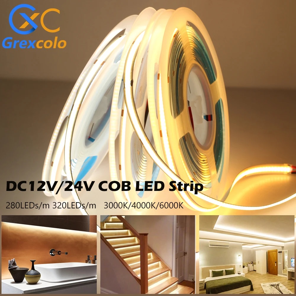 COB LED Strip Light 280 320 LEDs/m High Density FOB COB Flexible LED Lights Ribbon 3000K 4000K 6000K LED Tape DC12V 24V 5m/lot