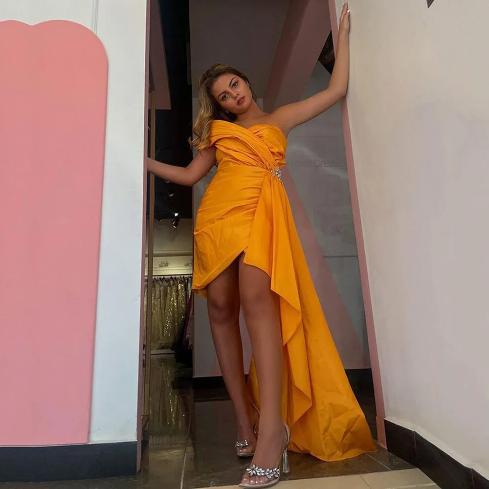 

Doymeny Saudi Arabia Orange Prom Dresses One Shoulder Mini Pleats Satin Mermaid Evening Party Gala Gowns Special occasion Gowns