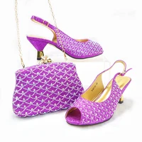 Summer 2022 Newest Purple Color Peep Toe Shoes with Snakeskin Tote Bag Fashion Banquet Ladies Shoes And Bag Set