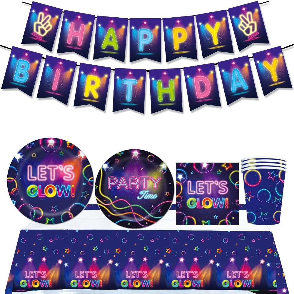 

Disney Cartoon Colorful Neon Theme Happy Birthday Party Decoration Disposable Tableware Background Baby Shower Kid Girl Boy Gift