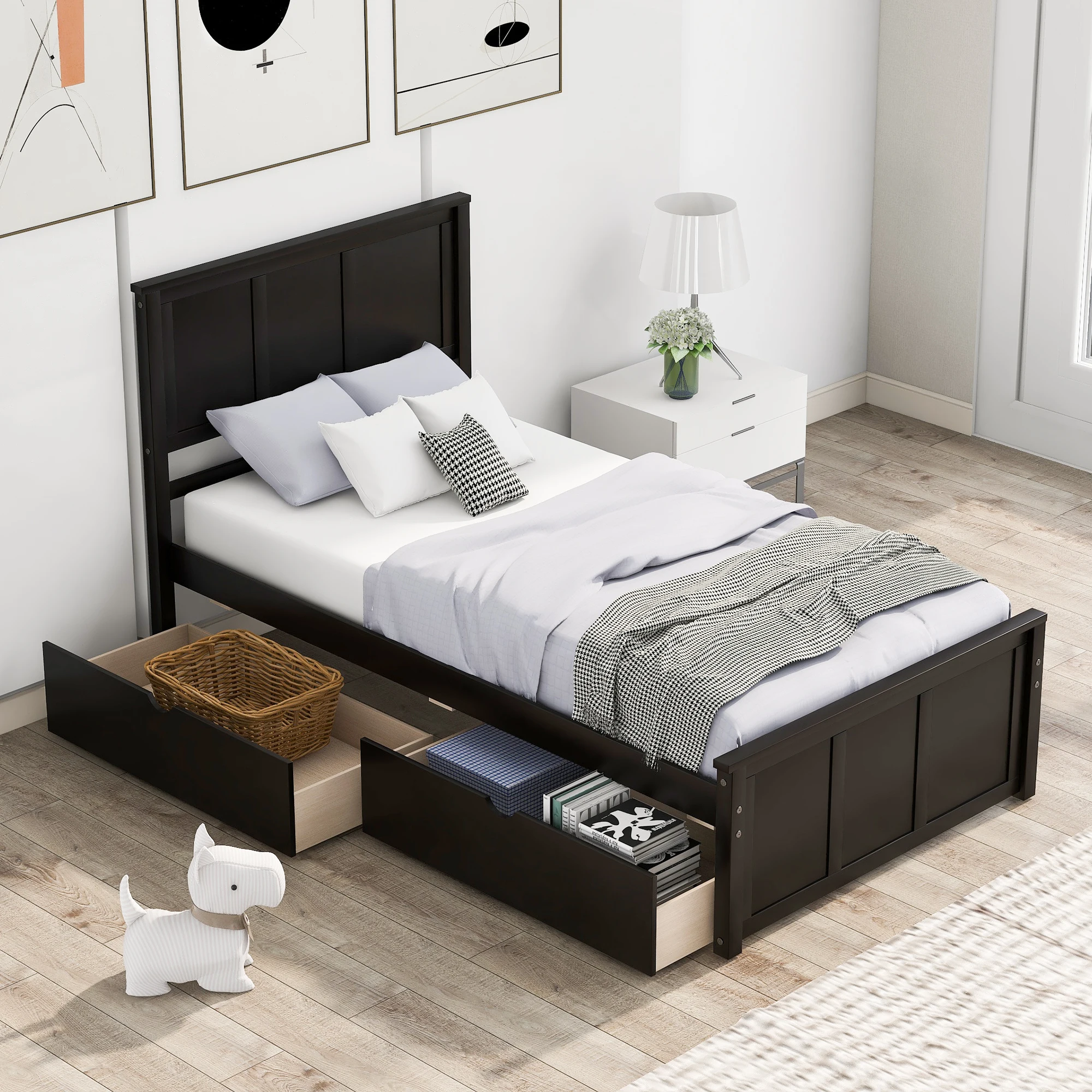 

Two ColorsTwin Size Platform Bed with Two Drawers Bedroom Furniture